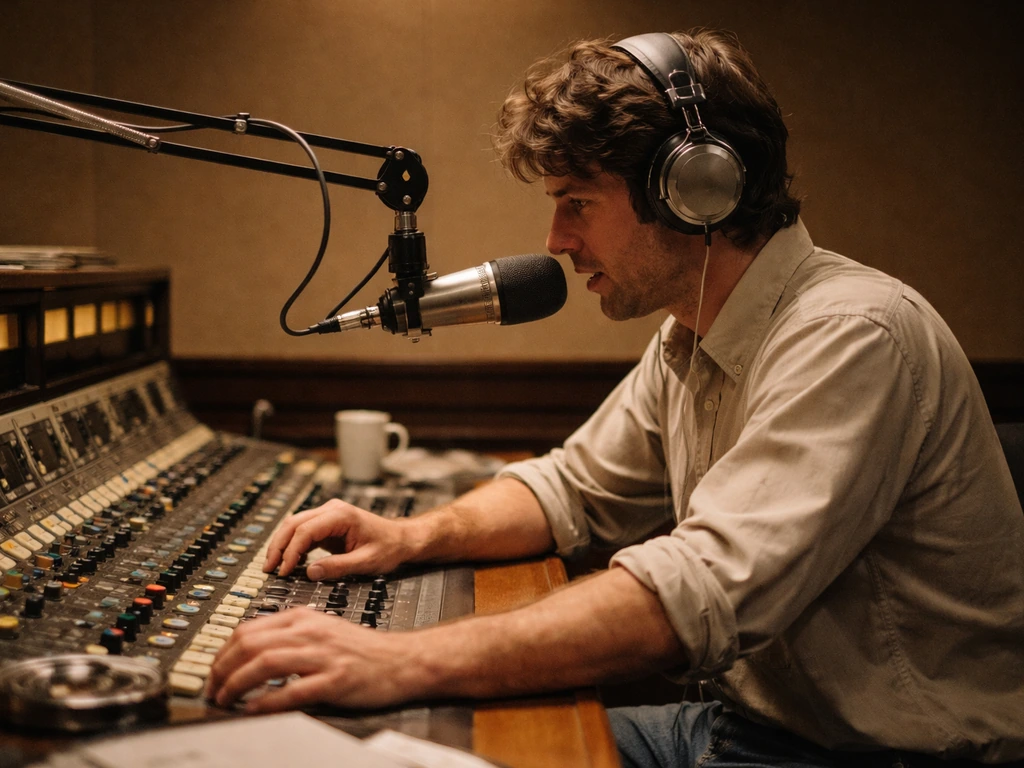 Anonymous radio host in a vintage studio speaking into a microphone with headphones on.