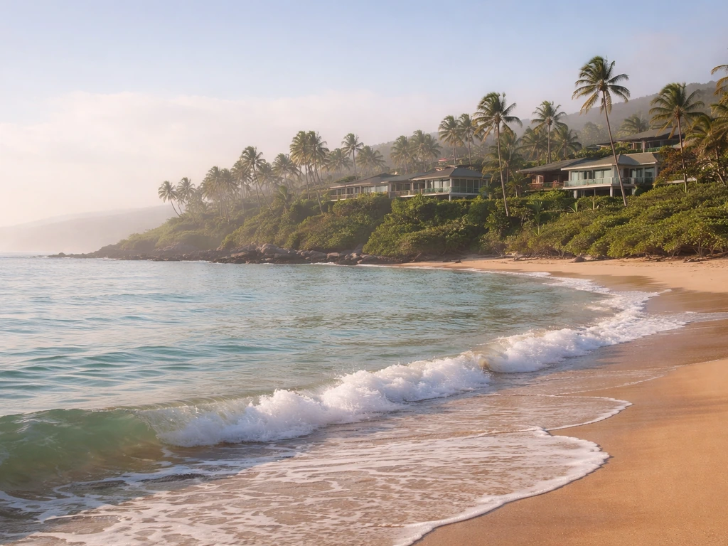 Maui coastline with hillside homes, serene morning light suggesting real estate investment.