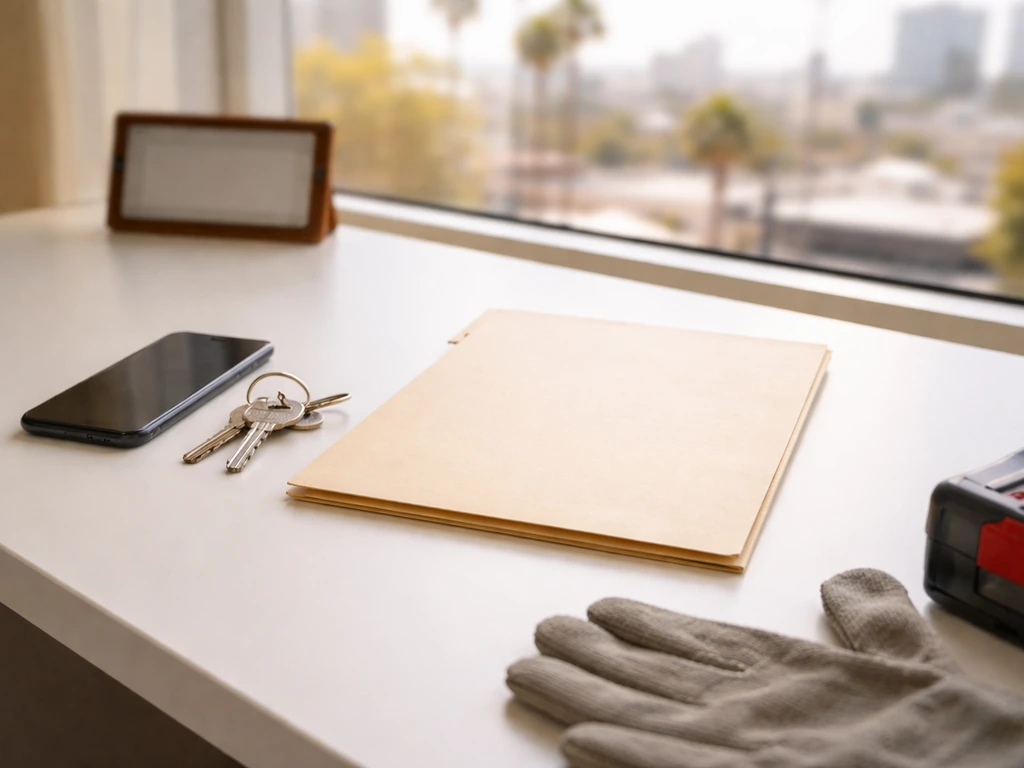 Minimal photo of a quiet Sacramento office desk with a phone, keys, and maintenance-themed folder, symbolizing SBM.