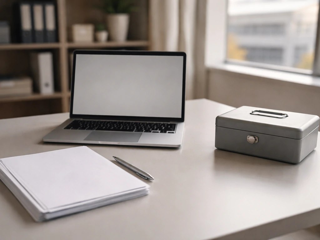 Minimal photo of a tidy office desk with a laptop, documents, and a subtle money-themed arrangement