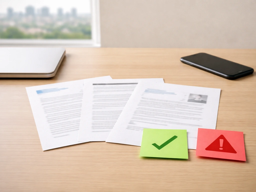 Minimal desk scene with three blurred documents and green/red sticky notes representing verification vs scams
