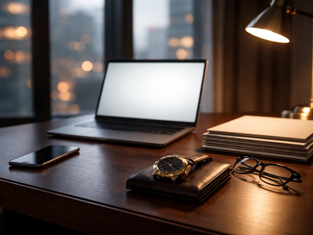 Minimal executive desk with laptop, wallet, watch, and city-lit window—symbolic of net worth analysis
