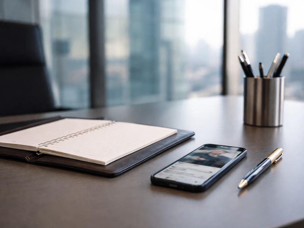 Minimal office desk scene with money and business cues, smartphone blurred, no people or text.