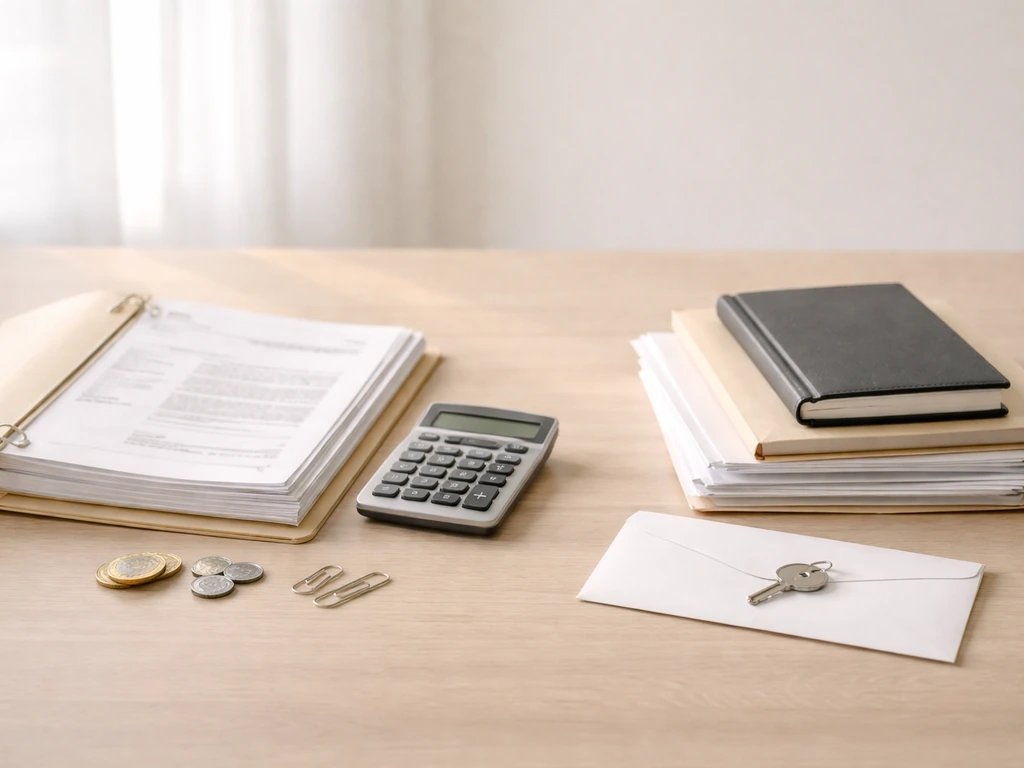 Minimal desk scene with financial documents and debt-like envelopes symbolizing assets minus liabilities.