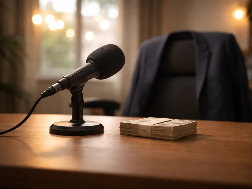 Anonymous media studio desk with a microphone and a small stack of cash, warm natural light.