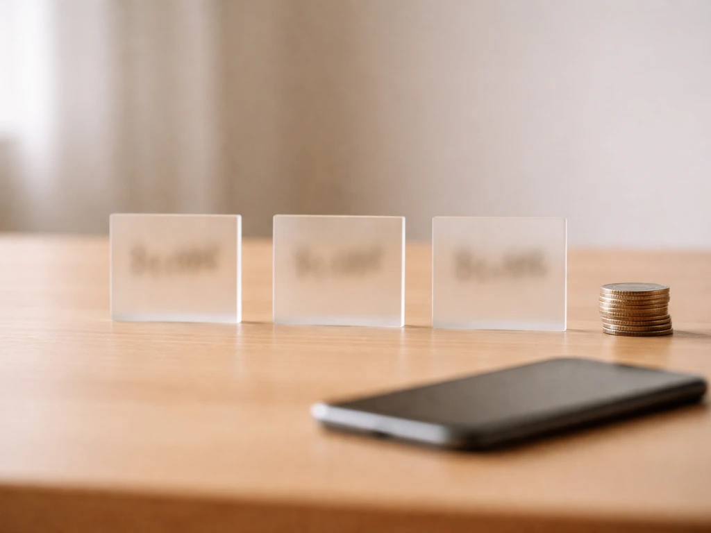 Minimal desk scene with three blank cards and money symbols suggesting varying net worth estimates.