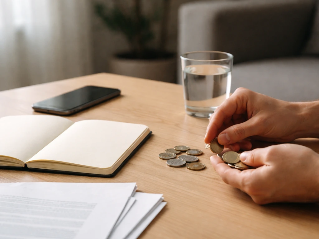 Minimal photo of a desk with smartphone, notebook, and scattered coins symbolizing net worth verification