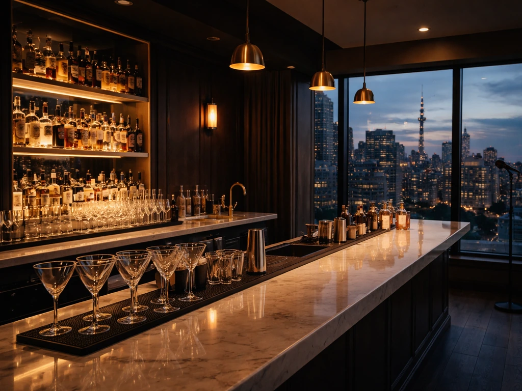 Upscale Toronto hospitality venue interior with warm lights, empty bar, microphone stand, and city view.