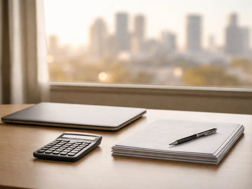 Minimal office desk with scattered documents, a calculator, and a blurred city skyline suggesting financial analysis