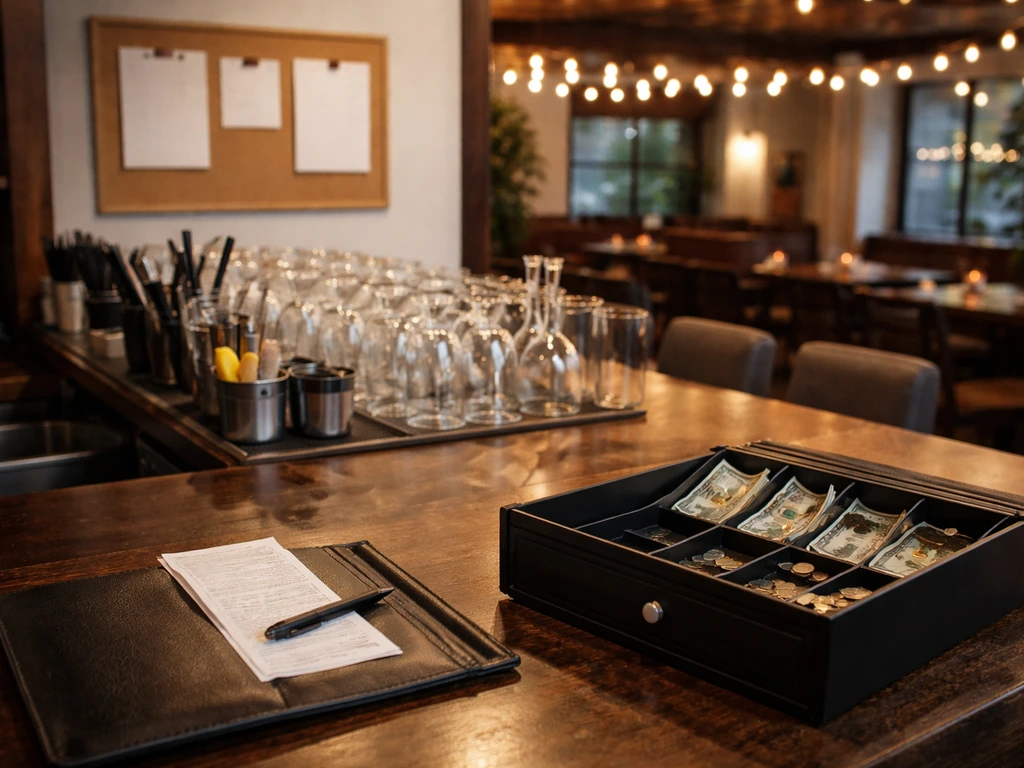 Minimal photo of a stylish restaurant bar counter with cash drawer and event booking board in soft light