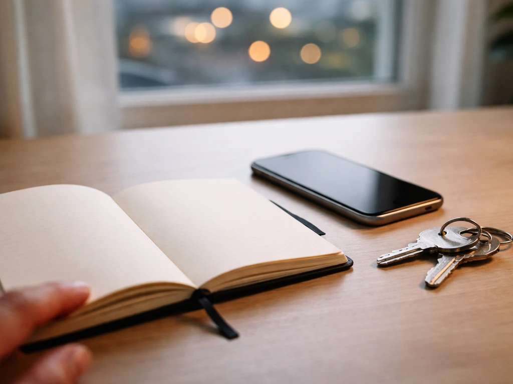 Close-up of a notebook, smartphone, and keys on a desk suggesting a personal property verification checklist