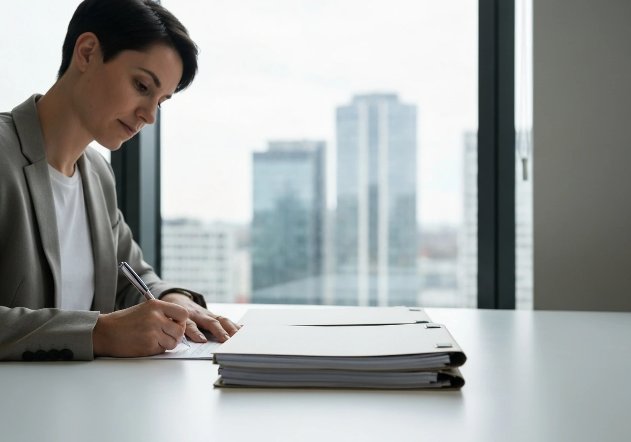 Anonymous business professional at a desk with UK company documents and a subtle city backdrop