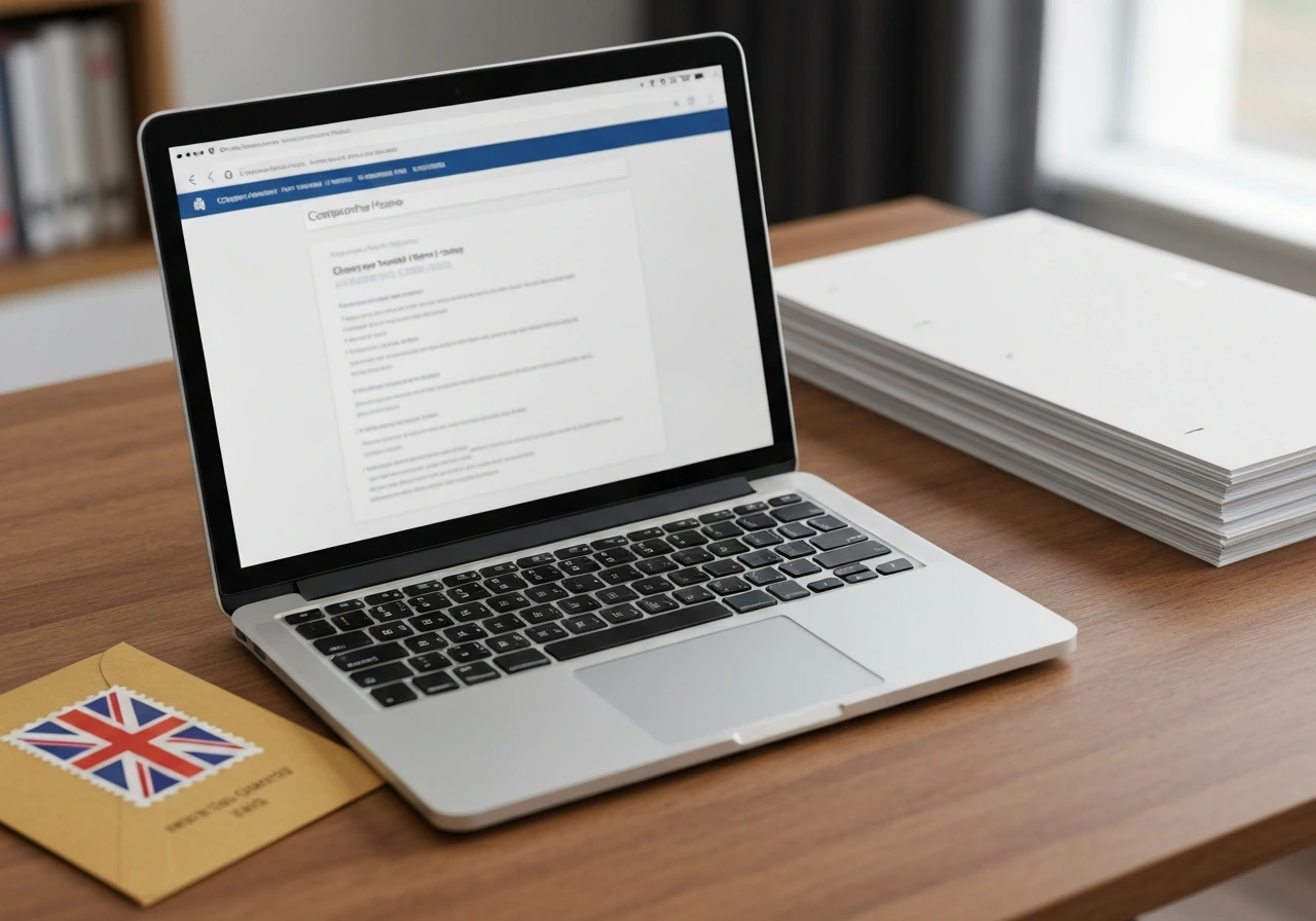 Close-up of a laptop screen showing a Companies House-style document page for a UK company filing