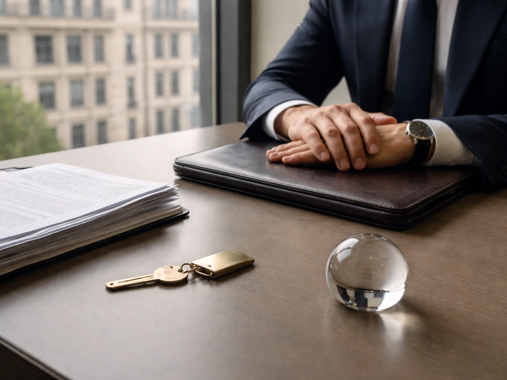 Anonymous hands and leather portfolio on a desk, with blurred modern office buildings outside.