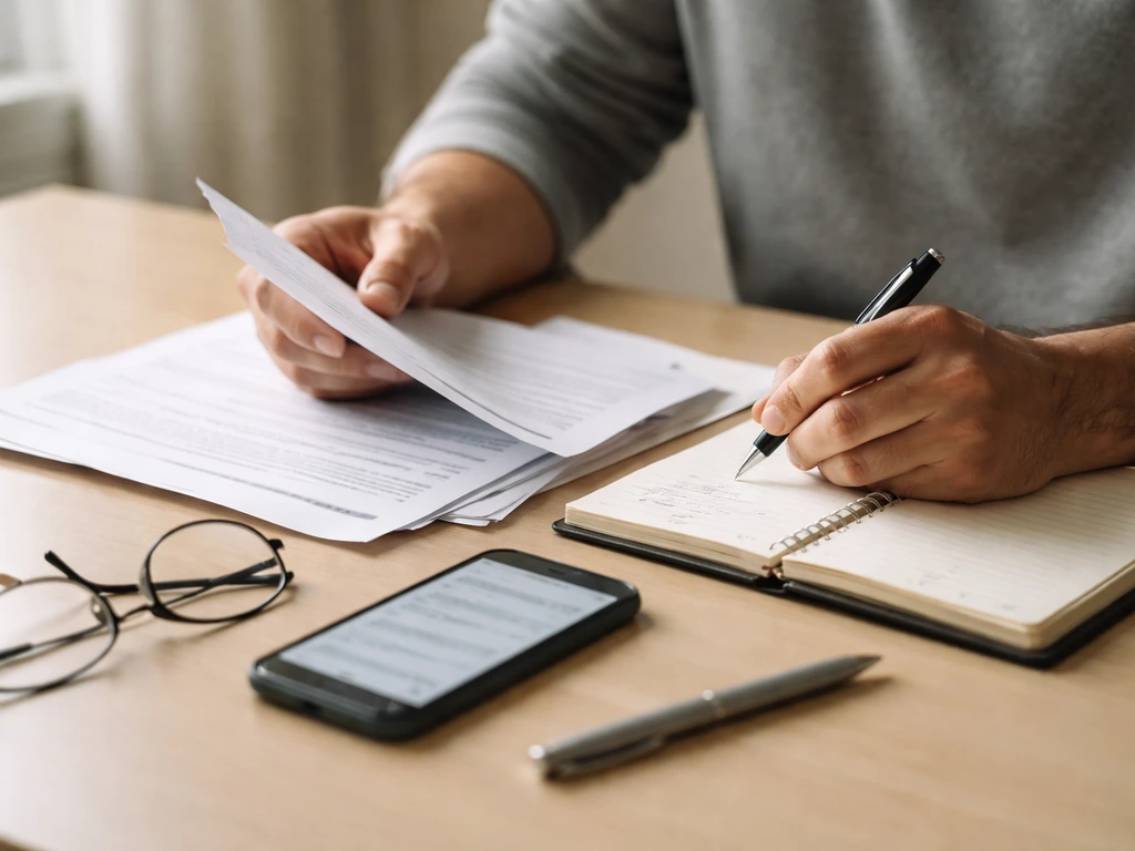 Person at a desk comparing documents and a phone showing a generic search screen for verifying business info