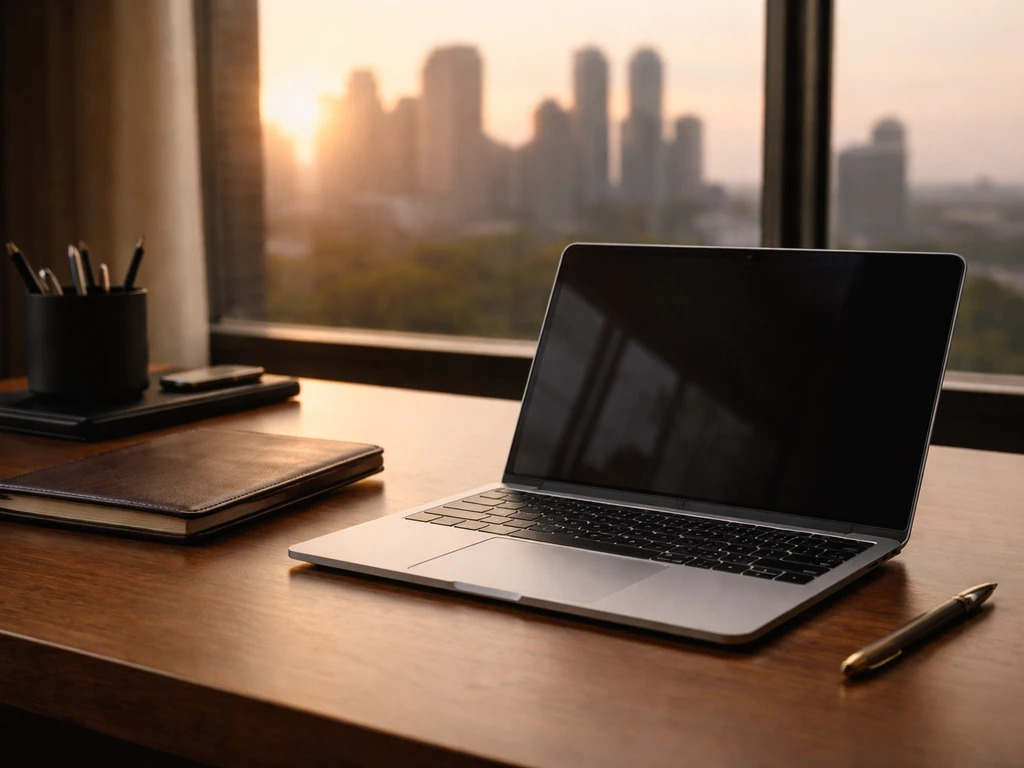 Sunlit executive desk with a laptop, leather notebook, and a blurred city view symbolizing private wealth analysis.