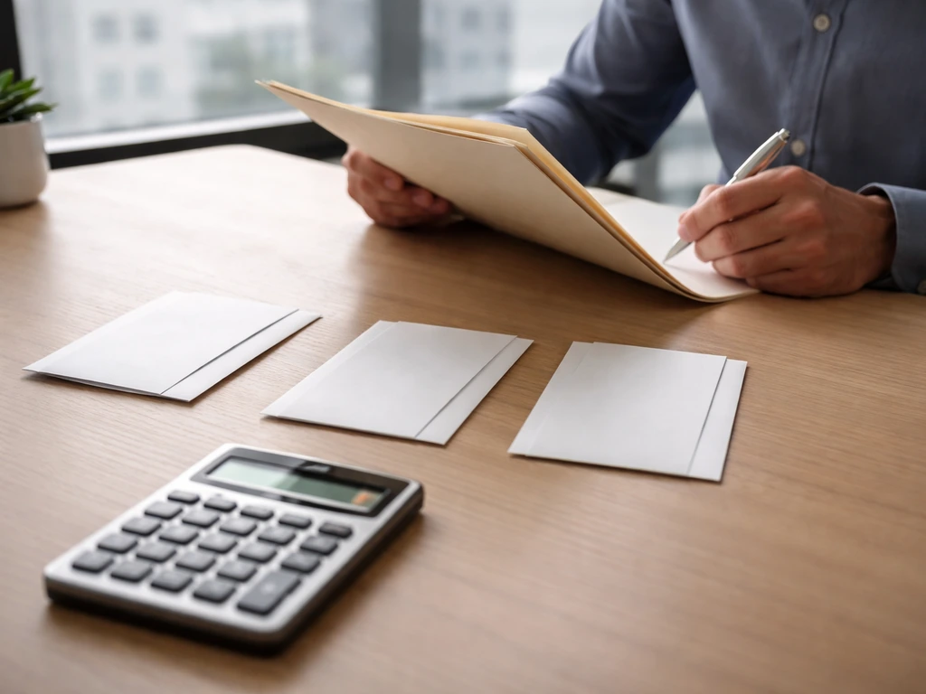 Minimal office desk with unlabeled envelopes and calculator suggesting multiple sources triangulating an estimate.