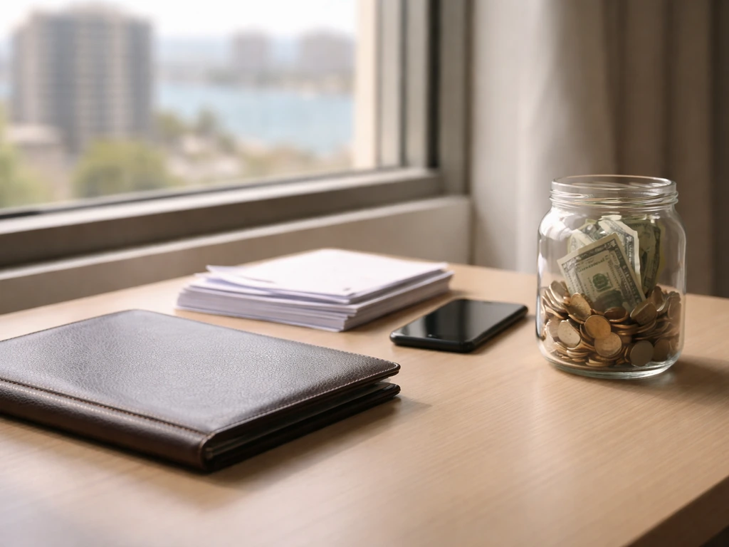 Minimal office desk with documents and a coin jar, symbolizing assets and holdings without any text.