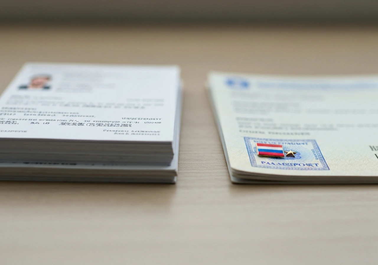 Split-focus blurred identity cards and a sharp, distinct passport stamp suggesting name confusion