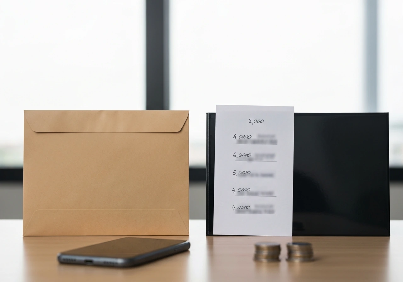 Minimal office desk scene with two mismatched envelopes and scattered papers symbolizing conflicting net worth sources.