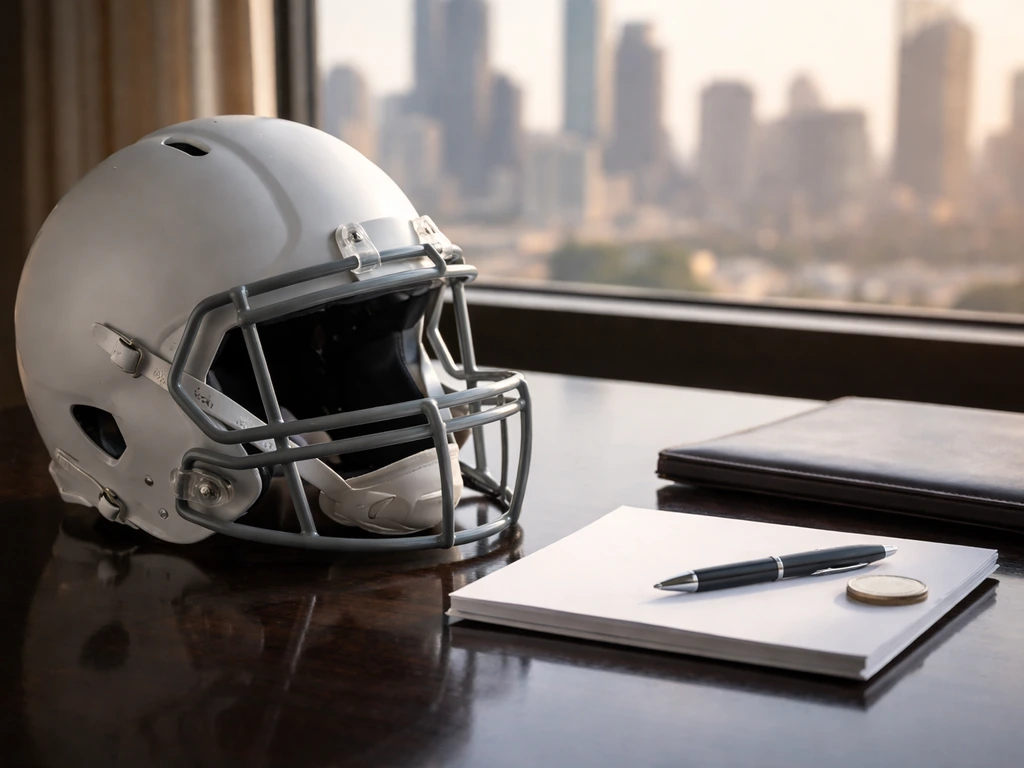 Generic football helmet on a desk with blank papers and finance cues, symbolic of net-worth credibility.