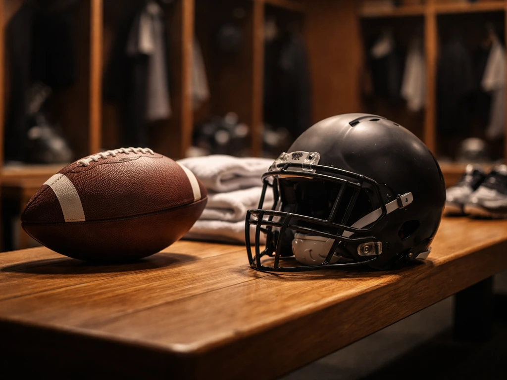NFL-themed football and helmet on a dim locker-room bench with a subtle money-focused mood
