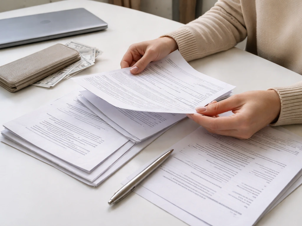 Close-up of hands organizing financial documents beside a laptop, with a calm money-themed workspace
