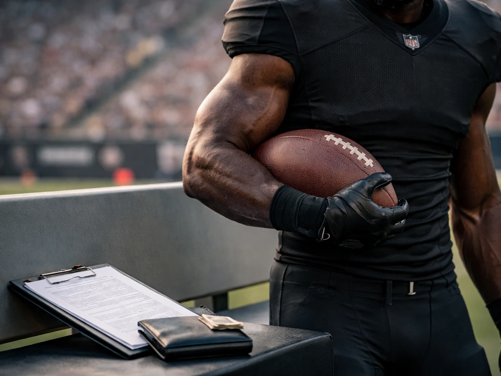 Anonymous NFL defensive end on the sideline with a football and contract-style folder suggesting contract income.