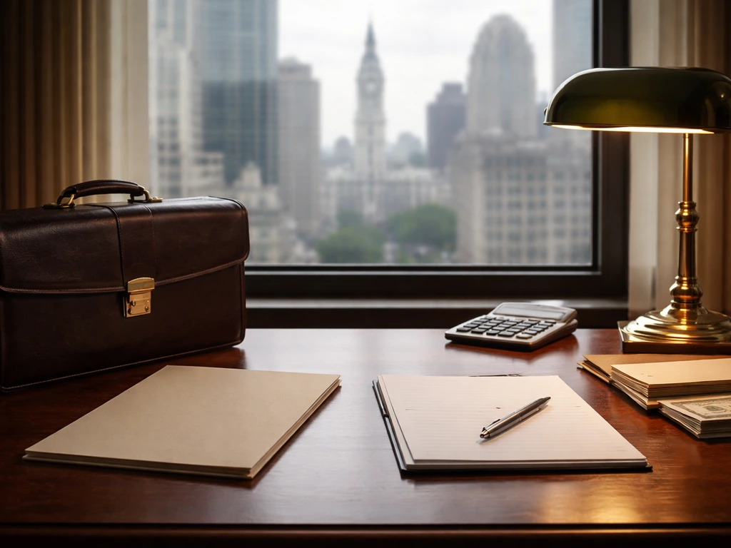 Minimal law office desk with legal briefcase and blank folders, blurred Philadelphia-style skyline in window light.
