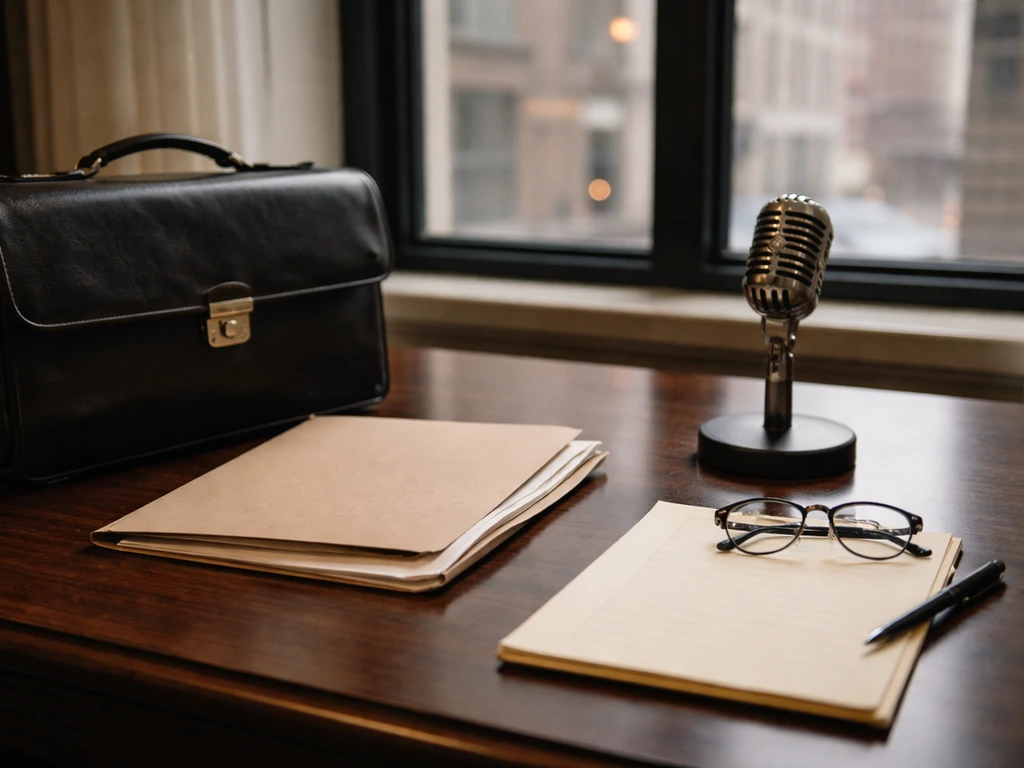 Quiet Philadelphia law office desk with briefcase, blank legal notes, and media-style microphone, no person shown.