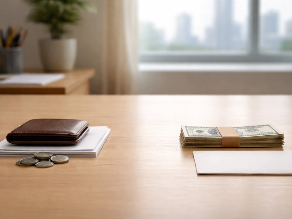 Minimal photo showing net worth concept: assets vs liabilities with anonymous wallet and envelope symbols