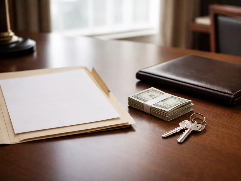 Minimal photo of a lawyer’s desk with cash envelope, keys, and documents symbolizing assets, income, and liabilities