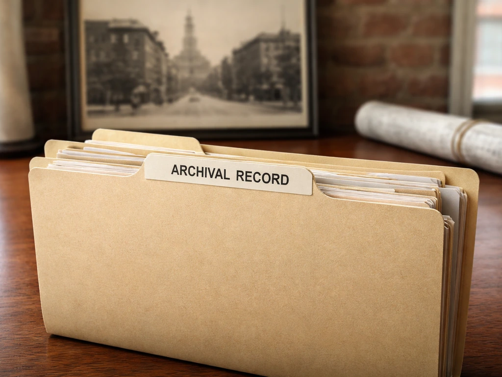 Archival folder and stacked property record documents on a desk with a blurred Philadelphia streetscape in back