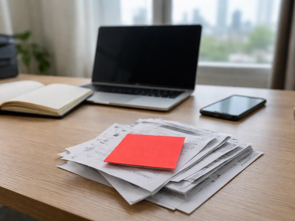 Minimal home office desk with an off-center red warning sticky note covering receipts and blank pages.