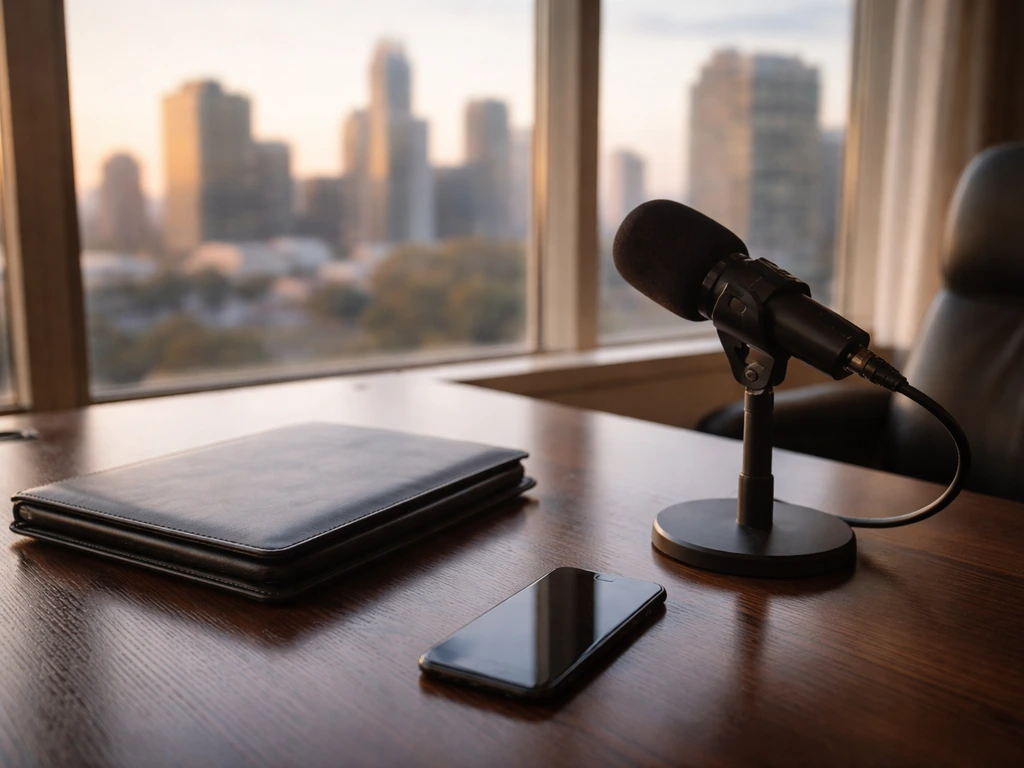 Minimal luxury office desk with business microphone and smartphone, city skyline outside window, no people.