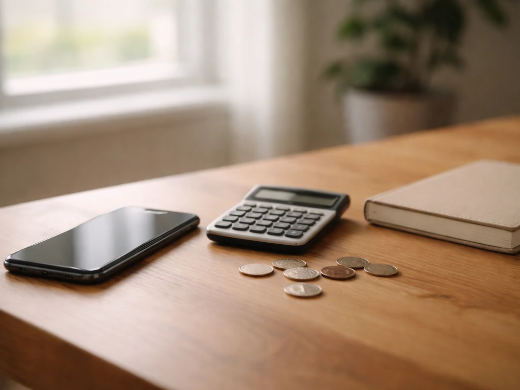 Minimal photo of a quiet office desk with a smartphone, calculator, and scattered coins symbolizing a net worth estimate