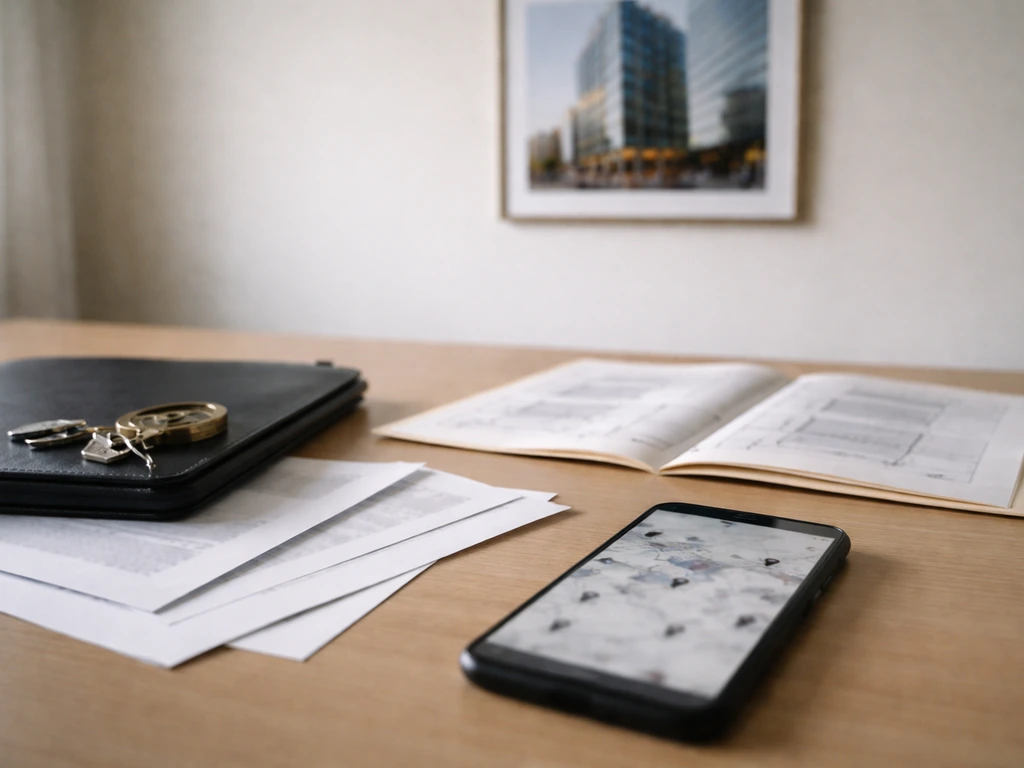 Minimal desk with property documents, keys, and a blurred map on a phone suggesting shifting real estate cycles.