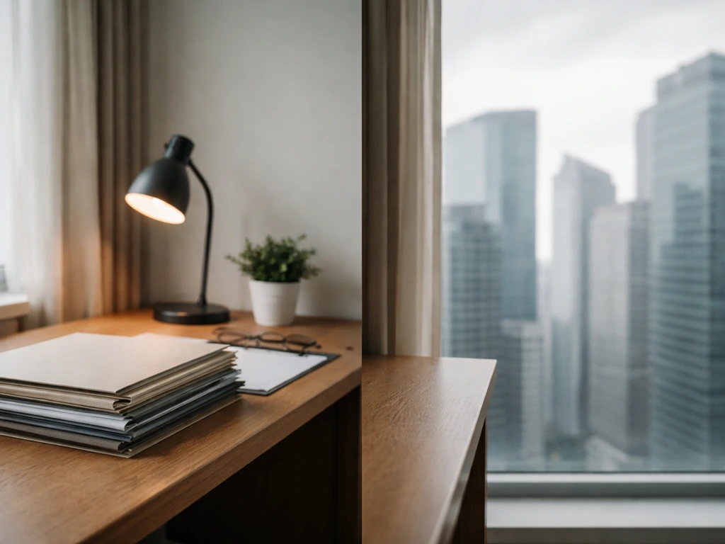 Split-view photo of a quiet UK office desk with private-feel documents beside a blurred city skyline symbolizing public