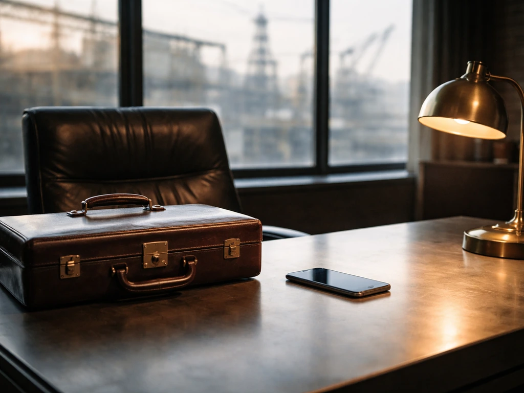 Minimal industrial executive office desk with briefcase and phone, symbolizing business analysis and verification.