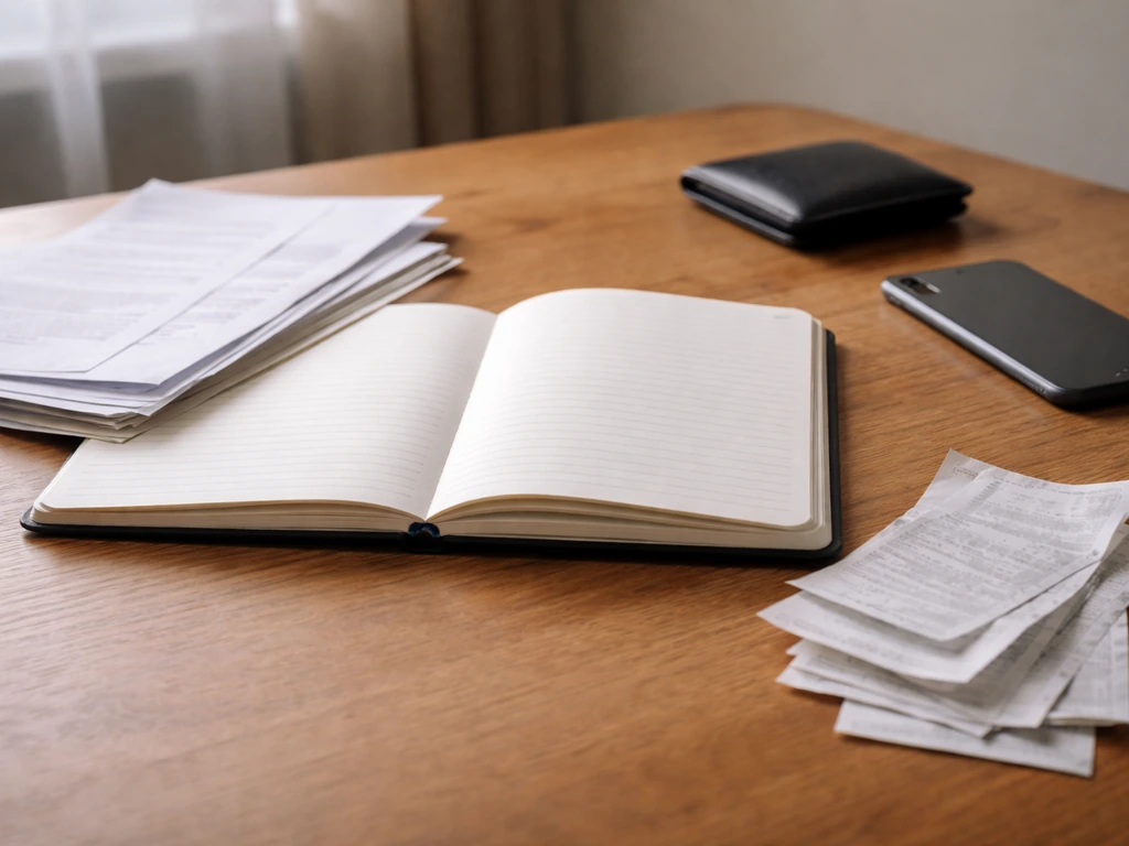 Minimal desk scene with documents, wallet, and smartphone symbolizing differing net worth estimates.