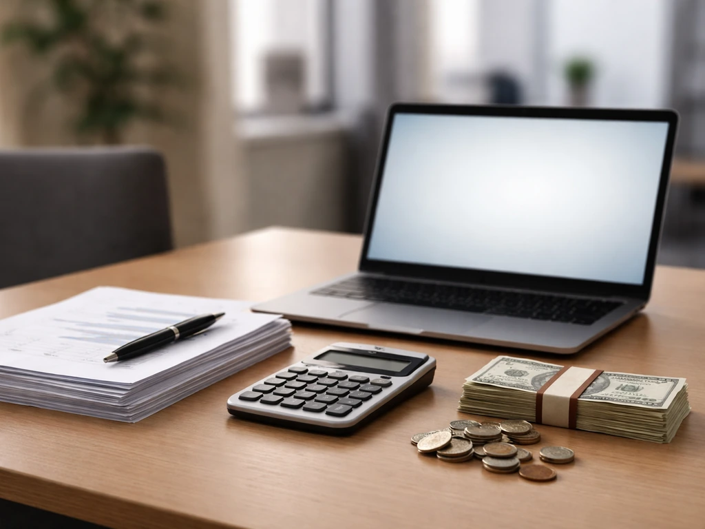 Minimal photo of a business executive desk with a laptop, documents, and cash-like props suggesting income and earnings.