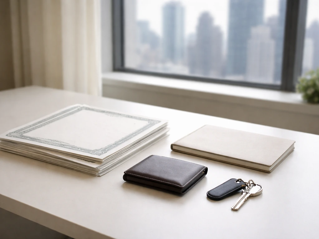 Minimal photo of a desk with scattered stock certificates and a small wallet beside a window, symbolizing equity and ass