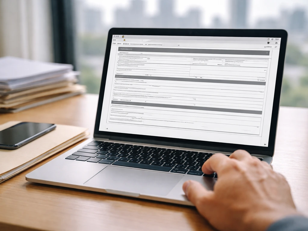 Close-up of a laptop desk with a generic filings webpage and a hand hovering over the page