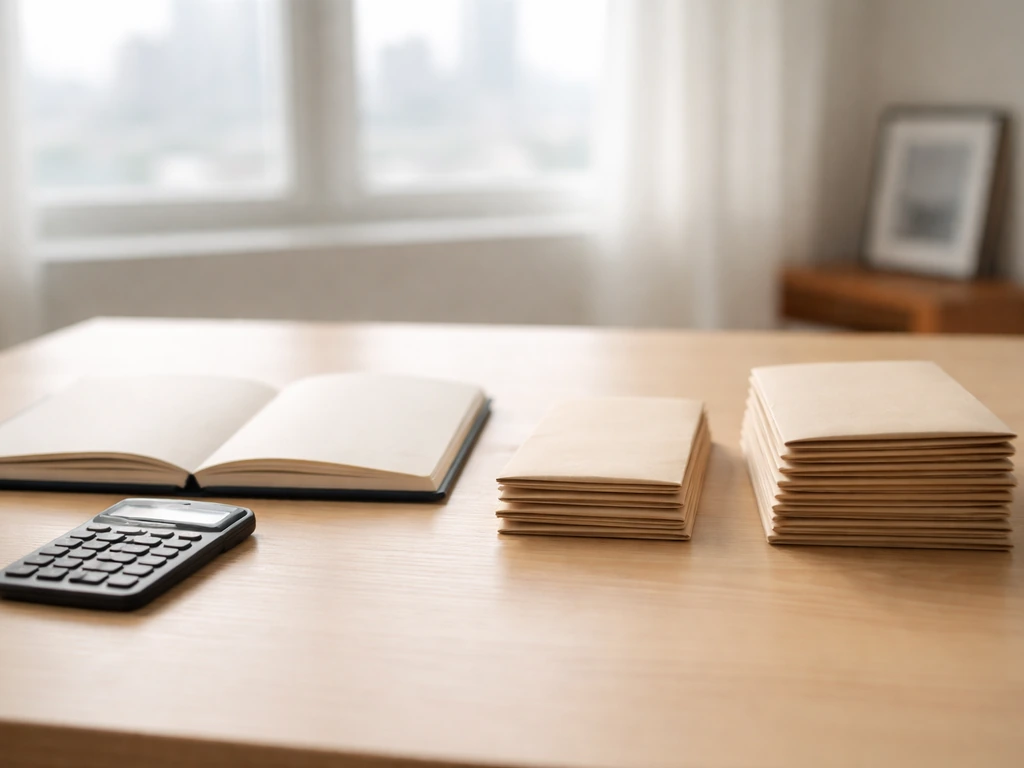 Minimal office scene with a calculator, cash envelopes, and a dark notebook suggesting estimated wealth ranges.