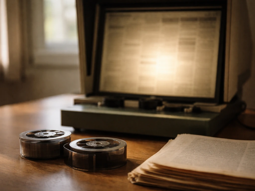 Close-up of aged microfilm reels and a reader screen with trade-paper pages, evoking 1961 media archive research.