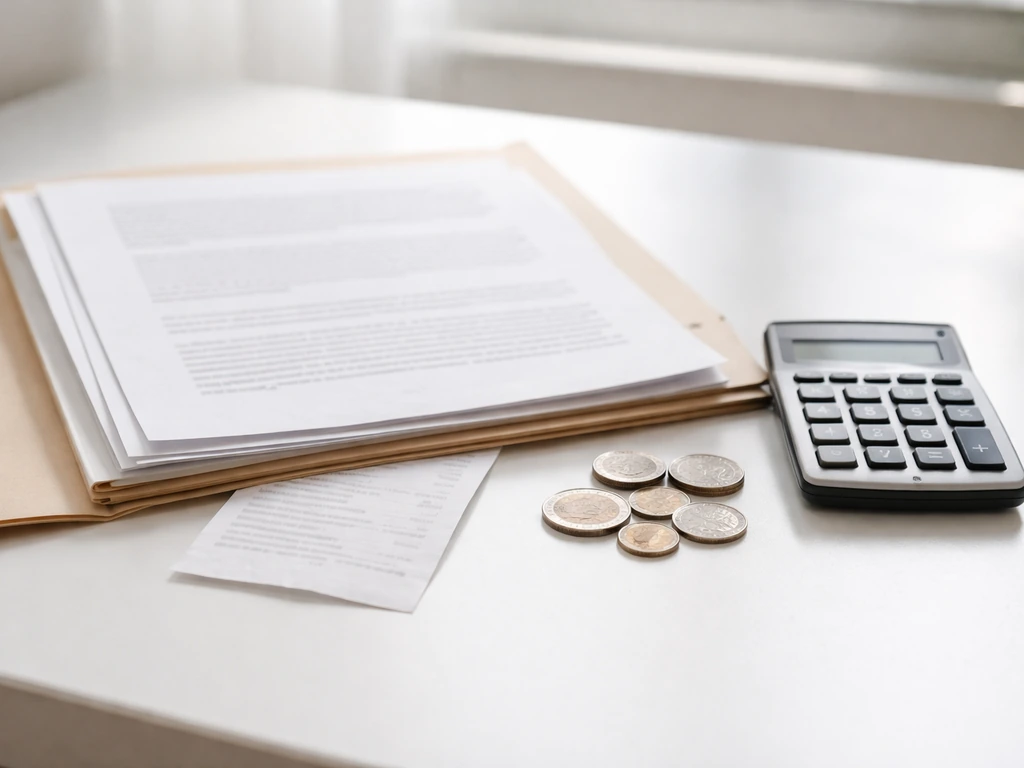 Minimal photo of a calculator beside printed documents and coins, suggesting net worth estimate methodology inputs.