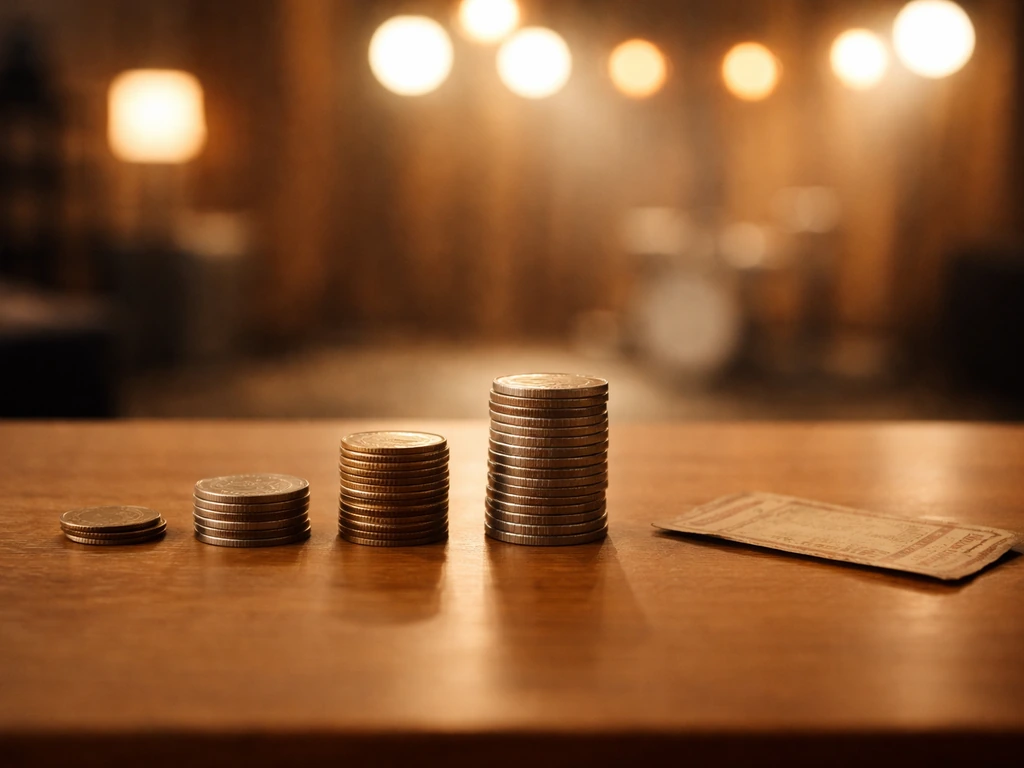 Minimal photo of a studio desk with a coin stack and blurred stage lights, suggesting rising wealth over time.