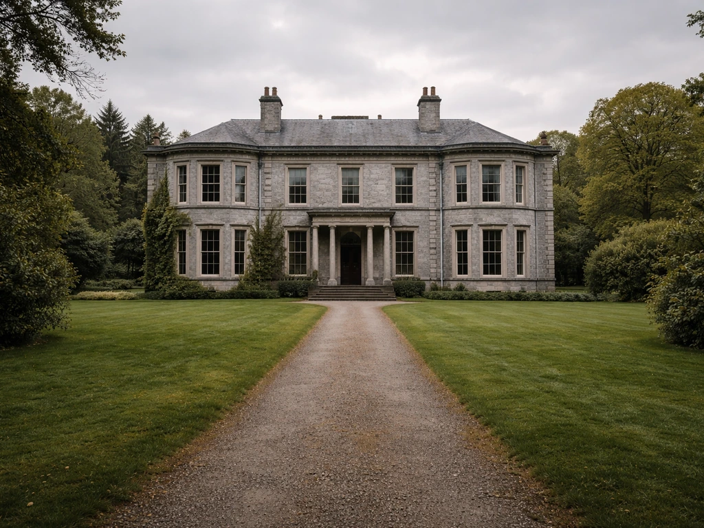 Victorian estate house exterior in County Wicklow beside a quiet path, evoking an inherited family home.