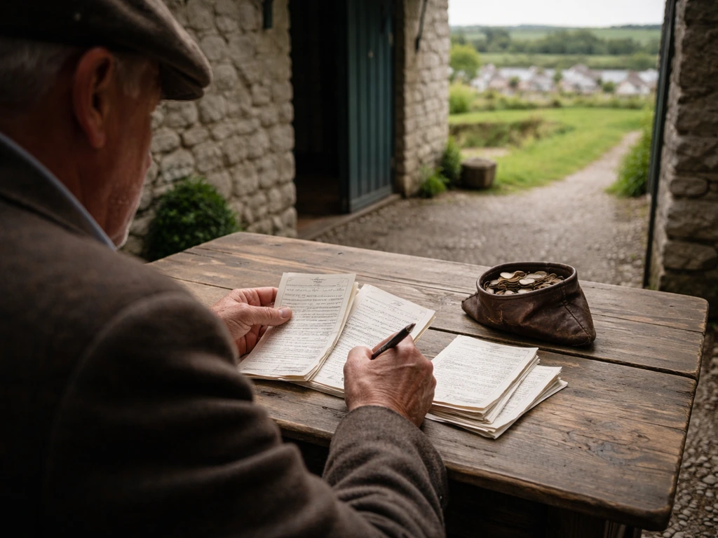 Working Irish estate scene with a landlord’s ledger, tenant rent collection atmosphere in a rural yard