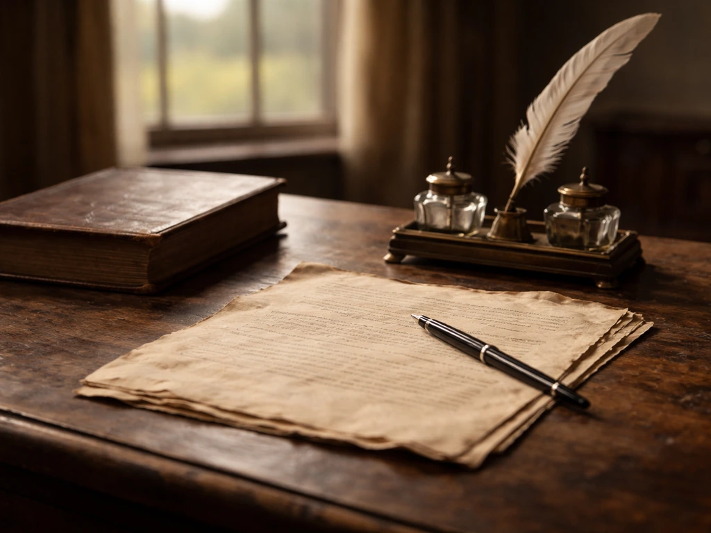 Close-up of a Victorian-era mortgage ledger and quill on a wooden desk with soft lamplight.